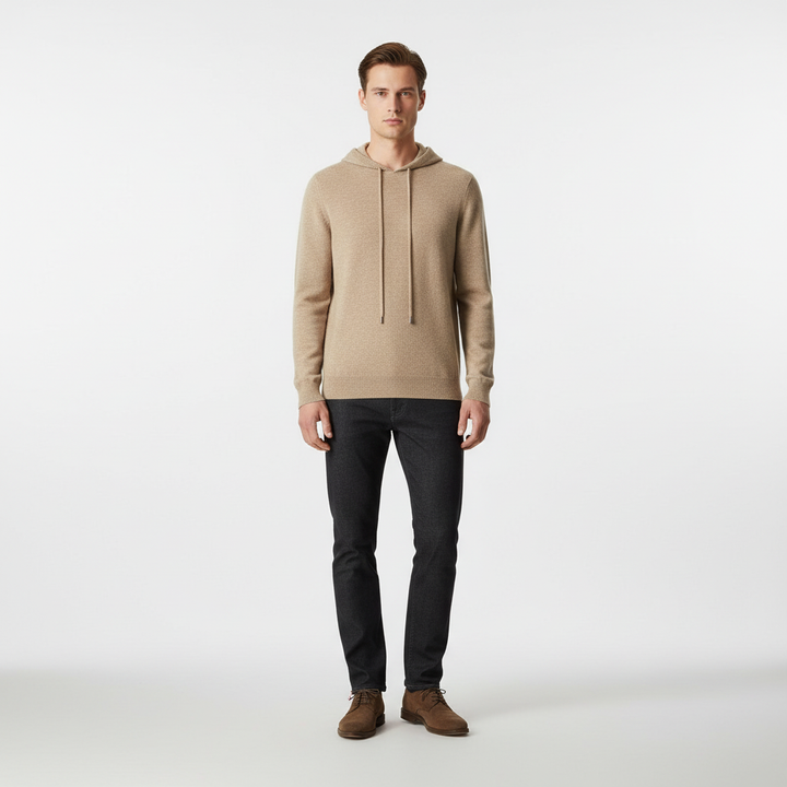 Close-up of a men's merino hoodie featuring breathable wool, ideal for sustainable and casual wear.