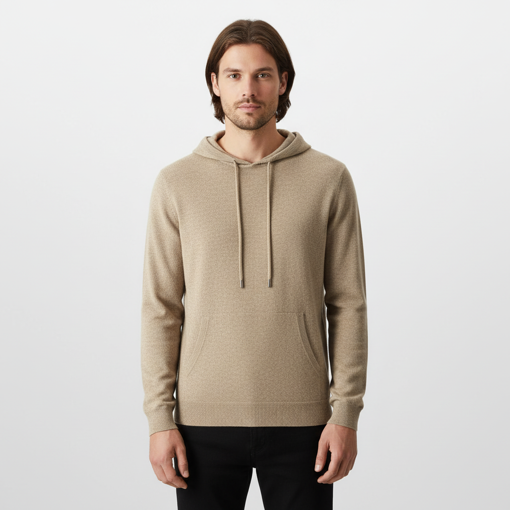 Detail of the soft texture on a men's premium merino wool hoodie, emphasizing comfort and quality.