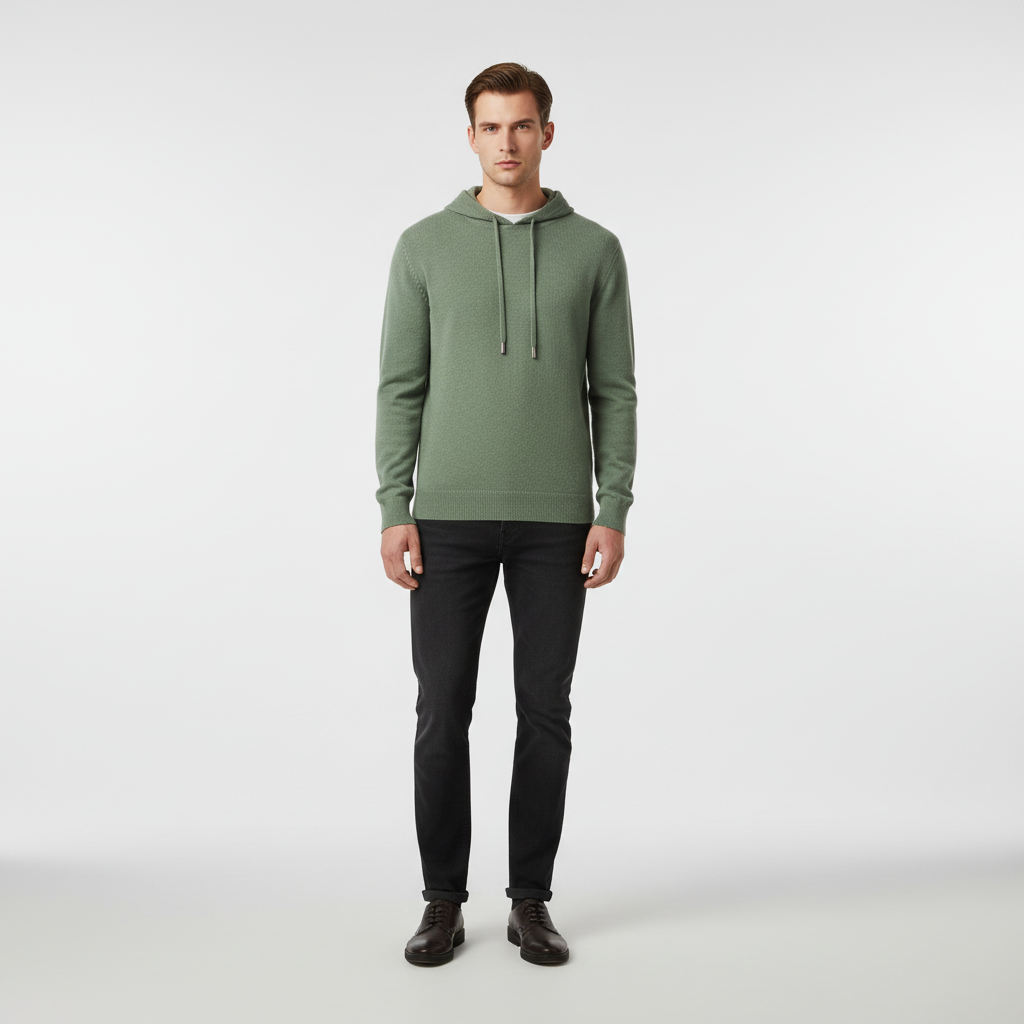 Back view of a regular fit men's merino wool hoodie, highlighting sustainable fashion.