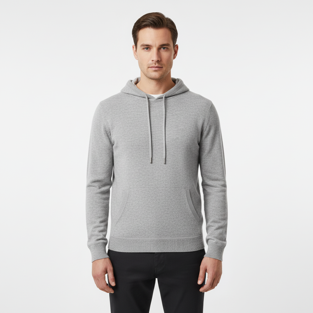 Studio shot of the men's premium Merino Wool Hoodie Finn, a breathable top for any season.