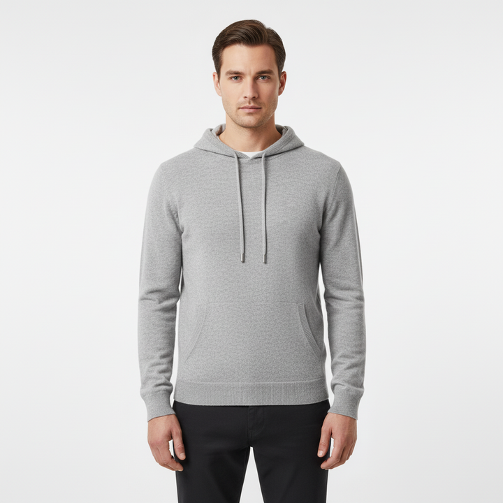 Studio shot of the men's premium Merino Wool Hoodie Finn, a breathable top for any season.