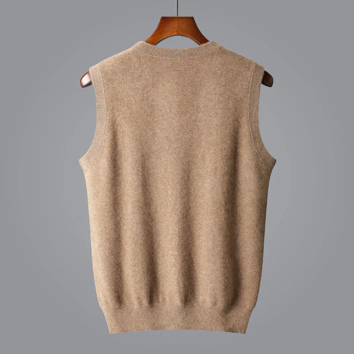 Premium men's cashmere V-neck sweater vest. Soft, sophisticated, and classic for modern layering.