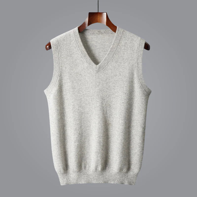Timeless men's cashmere V-neck vest, a luxurious layering piece for formal or casual outfits.