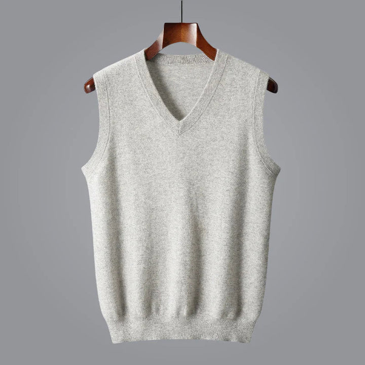 Timeless men's cashmere V-neck vest, a luxurious layering piece for formal or casual outfits.