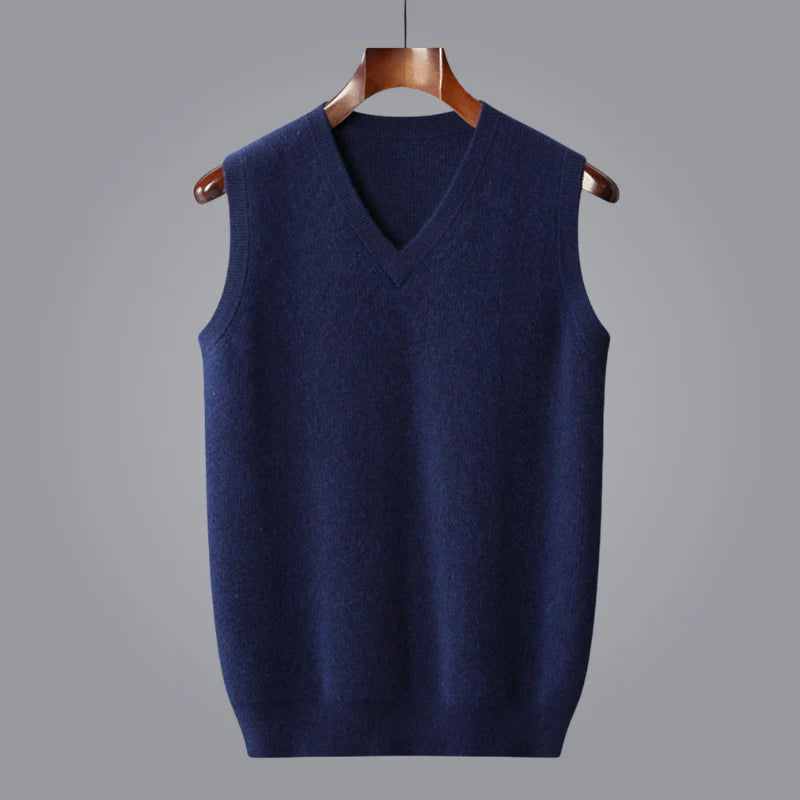 Sophisticated men's V-neck cashmere sweater vest. Premium knitwear, ideal for office wear & layering.