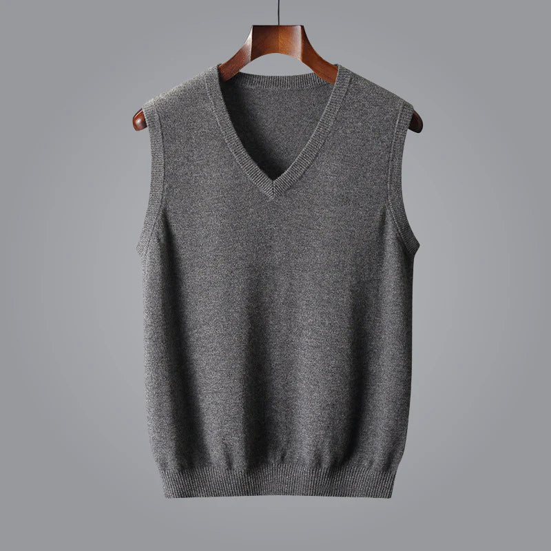 Soft men's cashmere V-neck vest. A classic, versatile layering piece for timeless style & comfort.