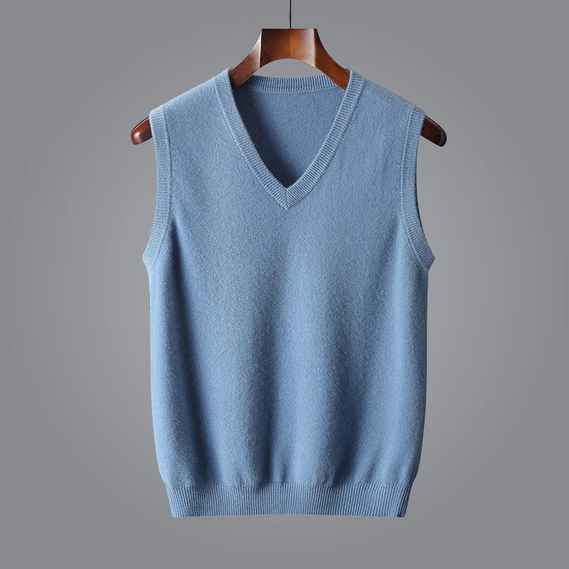 Luxury men's cashmere V-neck sweater vest. Elegant and comfortable for formal or casual sophisticated looks.