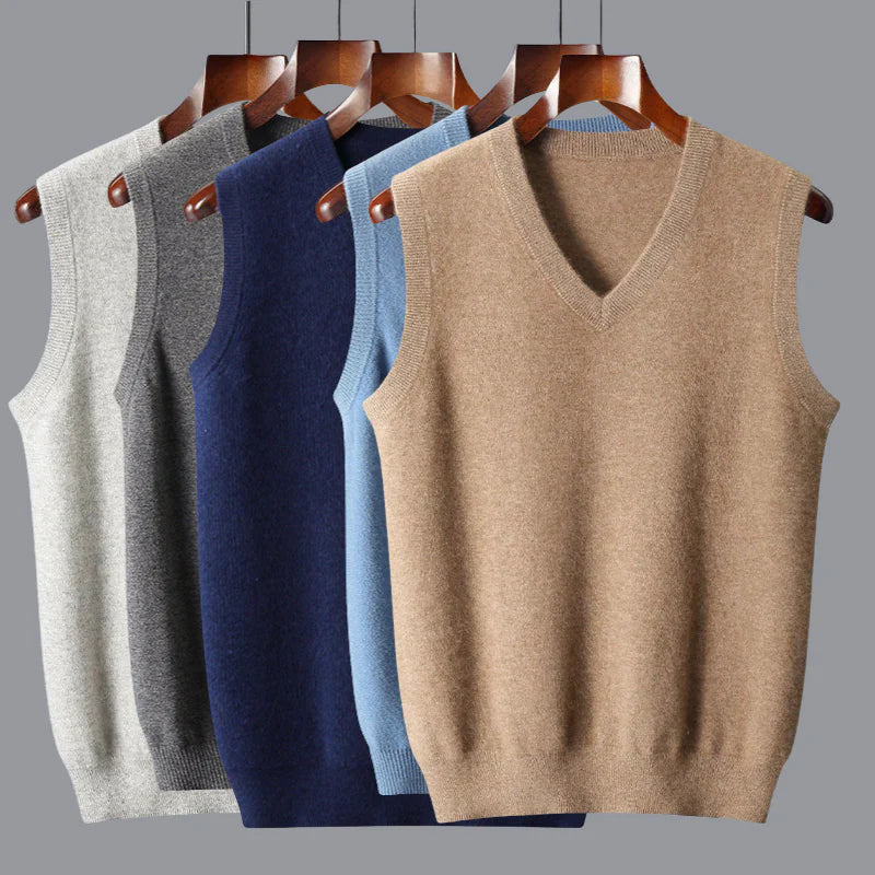 Men's V-neck cashmere sweater vest. High-quality soft knitwear, a perfect layering piece for any occasion.