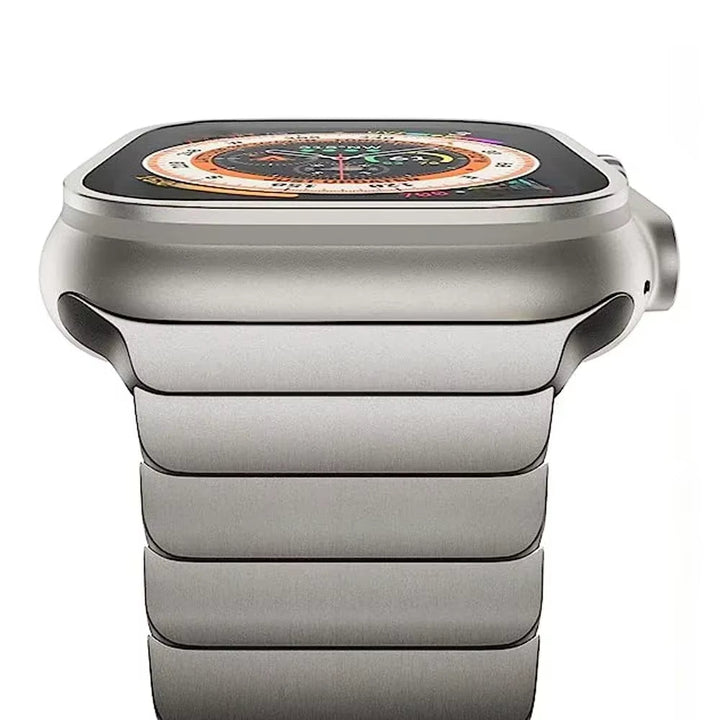 Men's premium stainless steel Apple Watch band, sleek and durable metal strap for modern smartwatches.