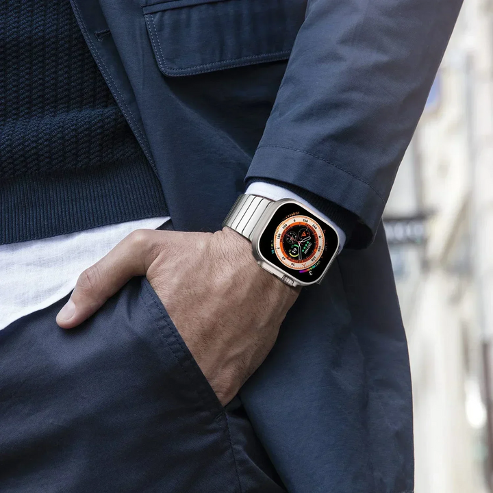 Luxury men's stainless steel Apple Watch band, adjustable metal strap for a sophisticated and modern look.