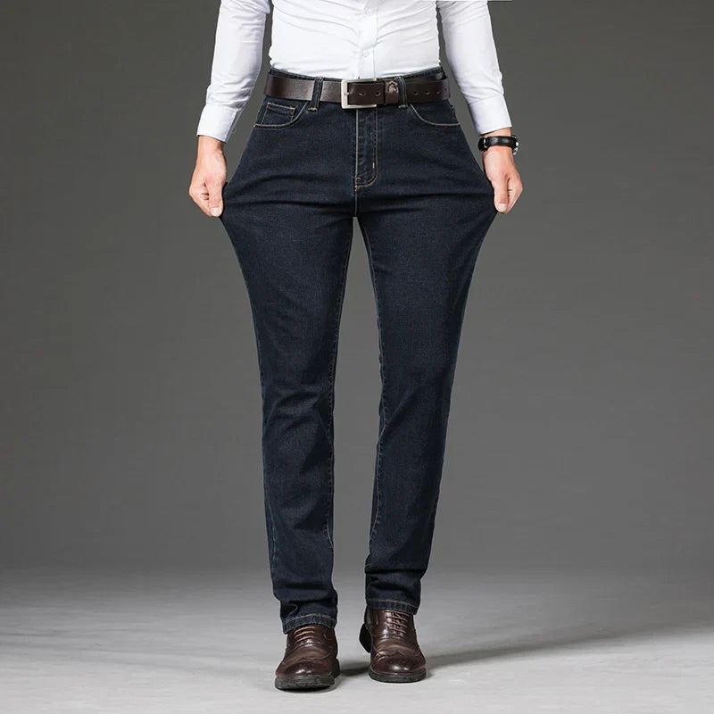 Durable men's blue stretch denim jeans, tailored for comfort & everyday wear, a versatile addition to men's fashion.
