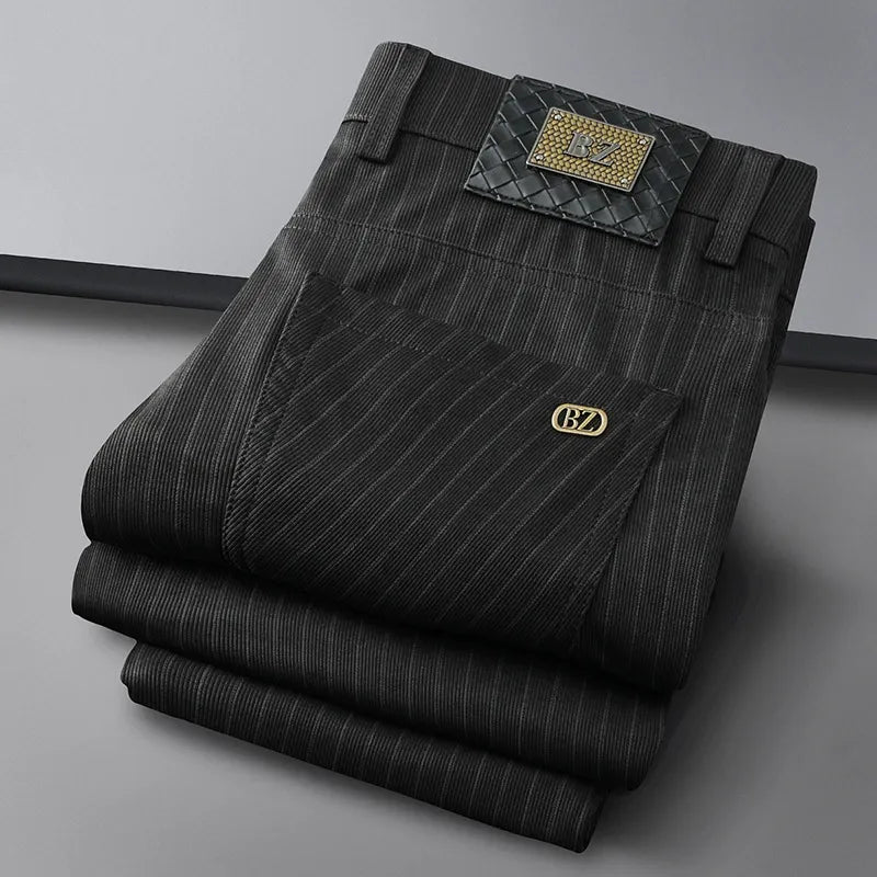Elegant striped men's structured dress pants with wrinkle-resistant fabric. Ideal for formal & business events.