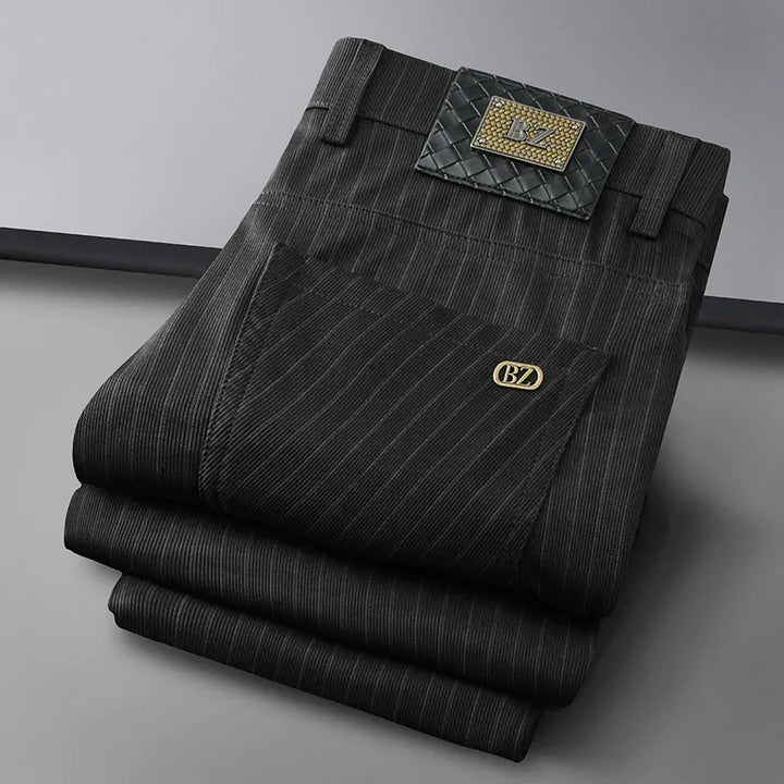 Elegant striped men's structured dress pants with wrinkle-resistant fabric. Ideal for formal & business events.