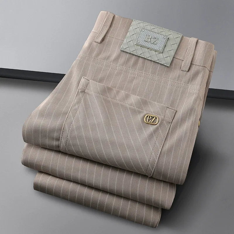 Beige men's premium structured formal trousers. Wrinkle-resistant, tailored for a sharp professional look.