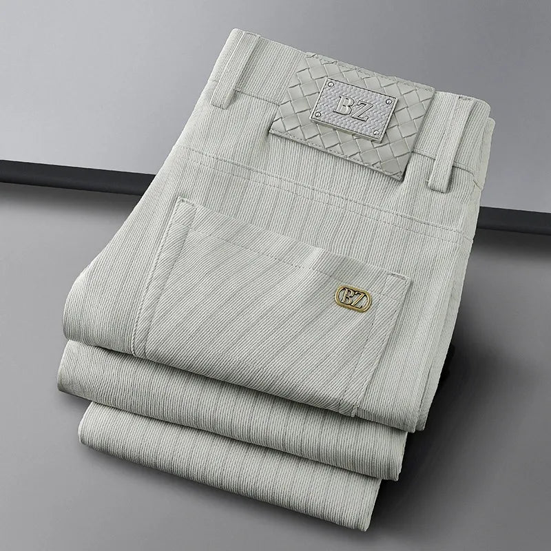 White men's structured business dress trousers. Formal, tailored fit, and wrinkle-resistant for sharp attire.