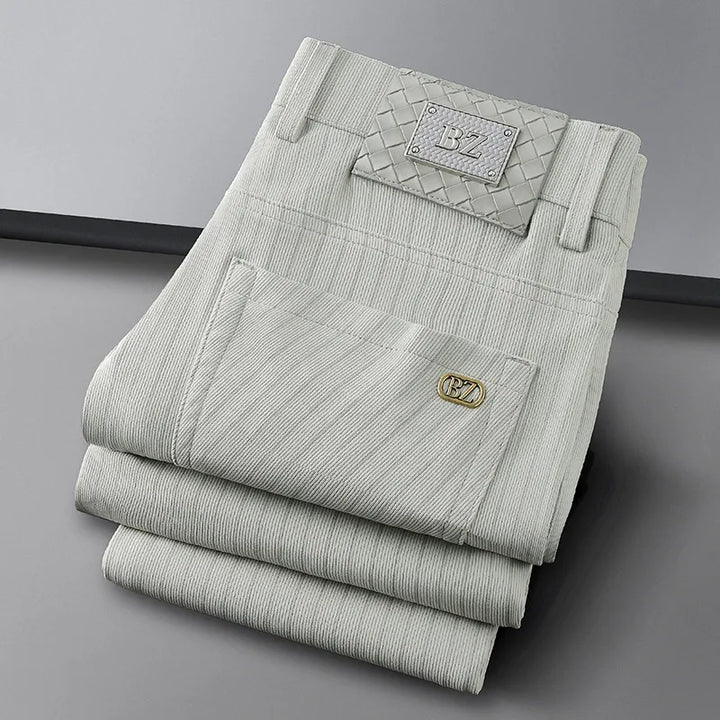 White men's structured business dress trousers. Formal, tailored fit, and wrinkle-resistant for sharp attire.