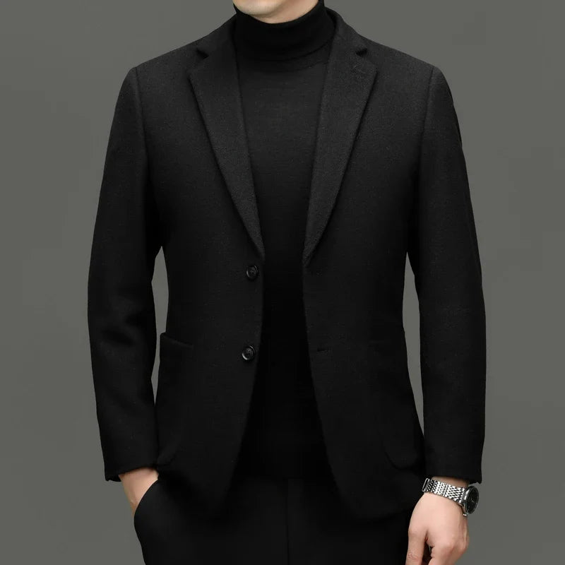 Close-up of the premium fabric on a men's tailored blazer, showcasing sophisticated texture and quality.