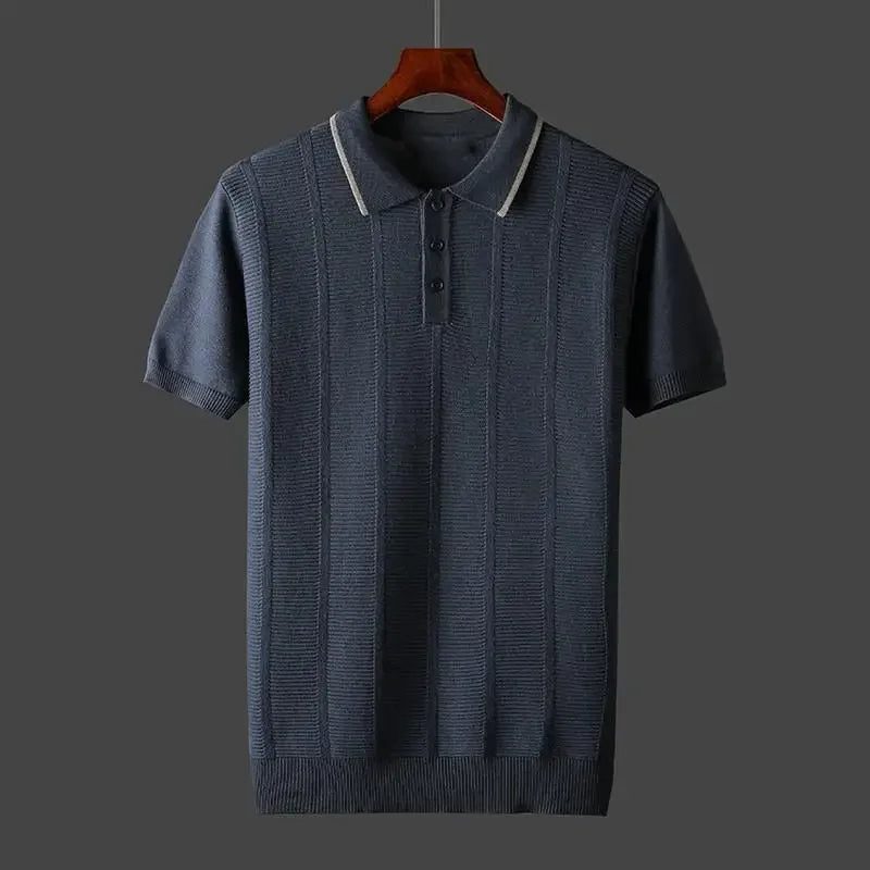 Man wearing a comfortable & breathable men's premium textured knit polo shirt, suitable for versatile everyday wear.