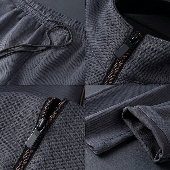 Men's premium two-piece tracksuit with a full zip-up jacket and comfortable tapered joggers for all seasons.