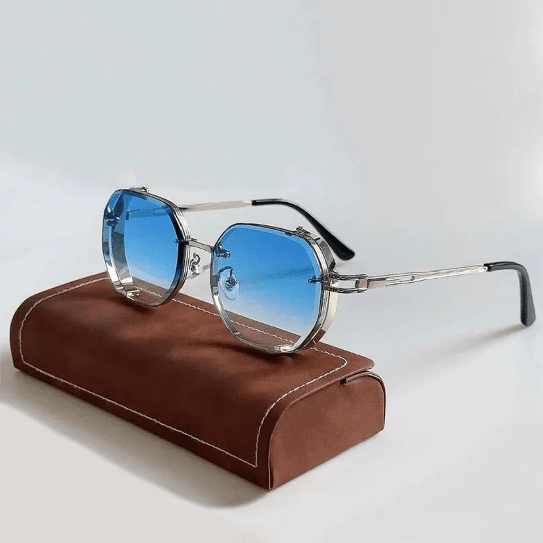 Stylish man wearing UrbanValence UV400 sunglasses with steel frame, perfect fashion accessory for men.