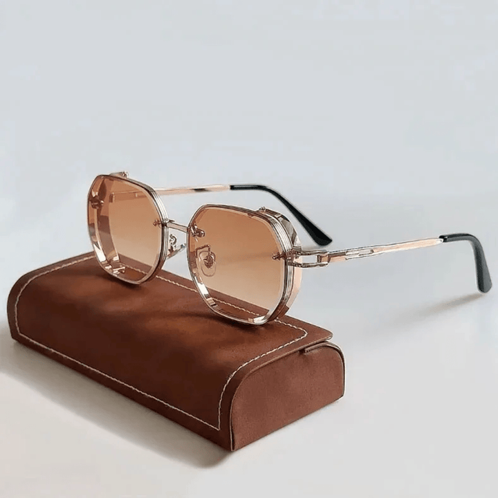 Man wearing classic design men's UV400 protection sunglasses, perfect fashion accessory.