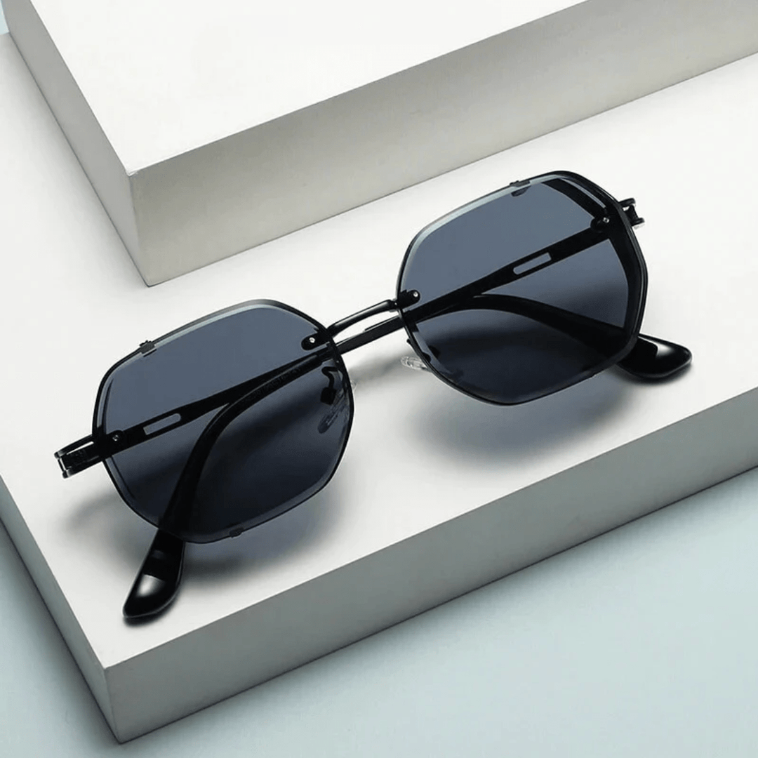Side view of premium men's eyewear, steel frame sunglasses with full UV400 protection.