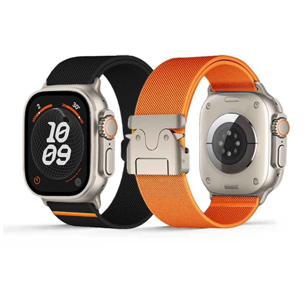 Men's premium woven nylon smartwatch band with durable, breathable design & parachute buckle. Perfect for active wear.