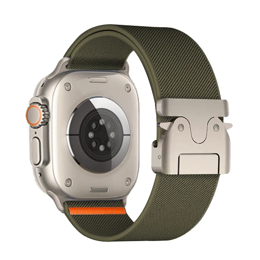 Robust men's woven nylon smartwatch band with parachute buckle. Durable & breathable for athletic performance.