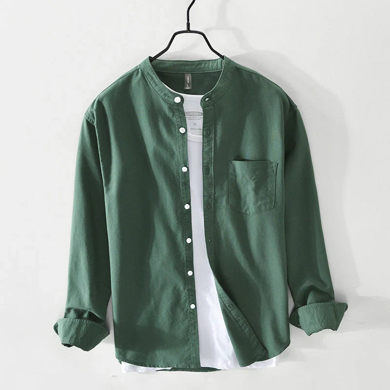 Men's Preston minimal band collar shirt, lightweight for summer, casual relaxed fit, modern button-down style.