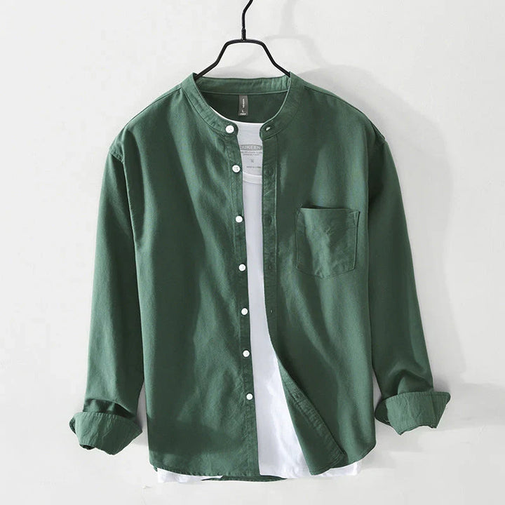 Men's Preston minimal band collar shirt, lightweight for summer, casual relaxed fit, modern button-down style.