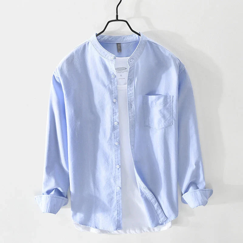 Versatile men's Preston minimal band collar shirt, modern casual look, perfect for summer fashion.