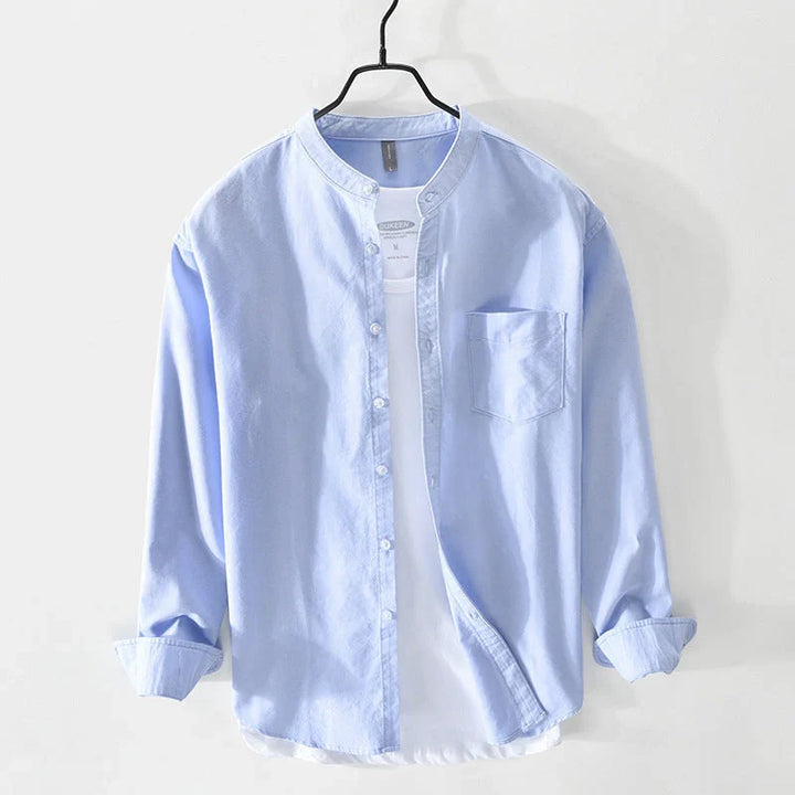 Versatile men's Preston minimal band collar shirt, modern casual look, perfect for summer fashion.