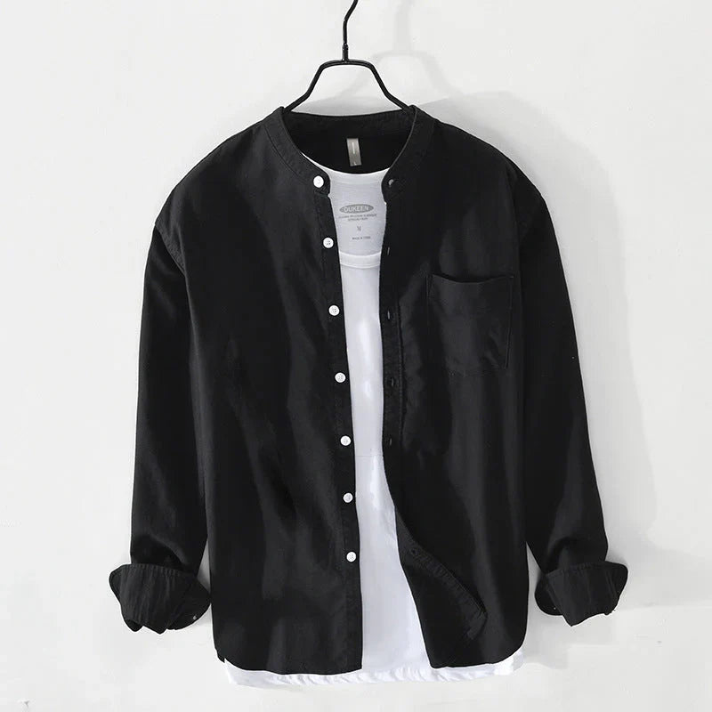 Relaxed fit men's Preston band collar shirt, lightweight fabric, contemporary button-down for casual style.