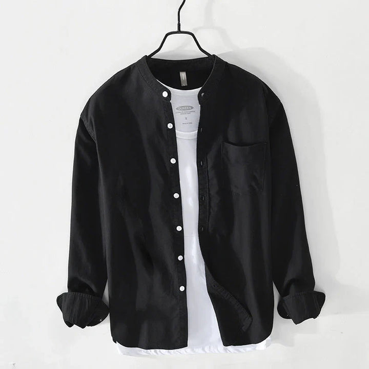Relaxed fit men's Preston band collar shirt, lightweight fabric, contemporary button-down for casual style.