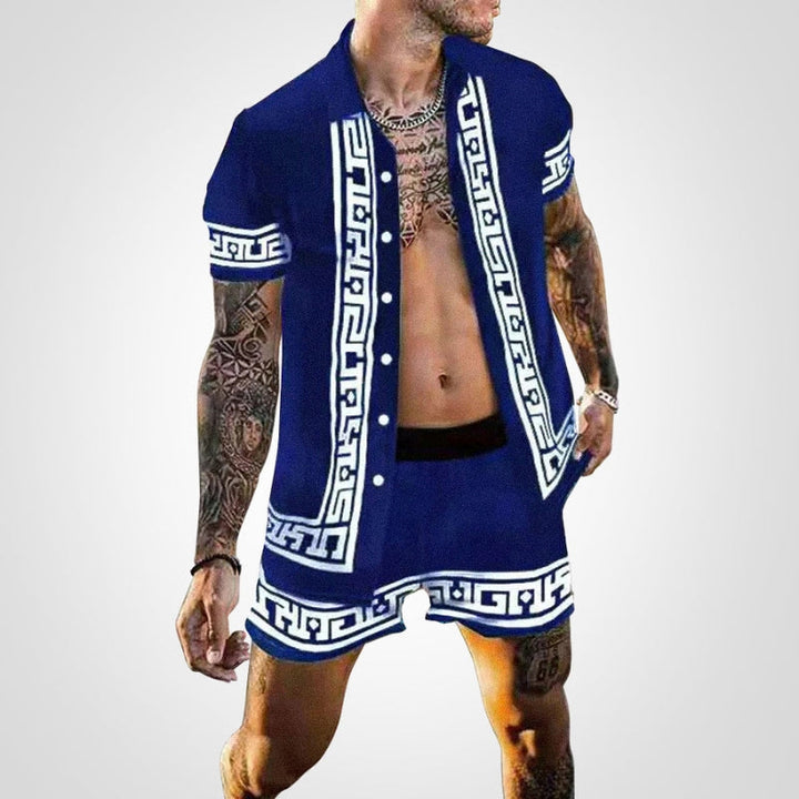 Men's printed two-piece shirt and shorts set, casual summer outfit