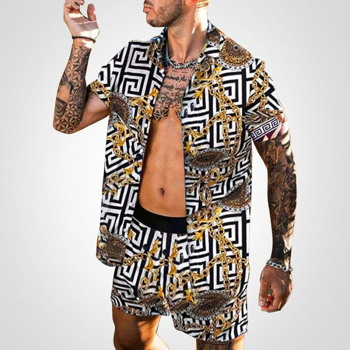 Stylish men's loungewear, two-piece printed shirt and shorts for leisure