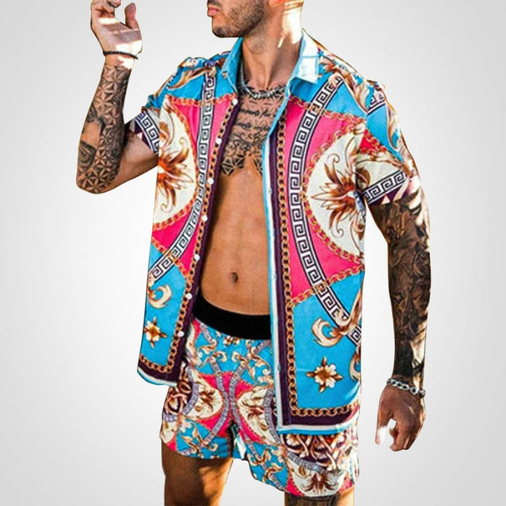 Men's casual fashion two-piece set with a vibrant print design