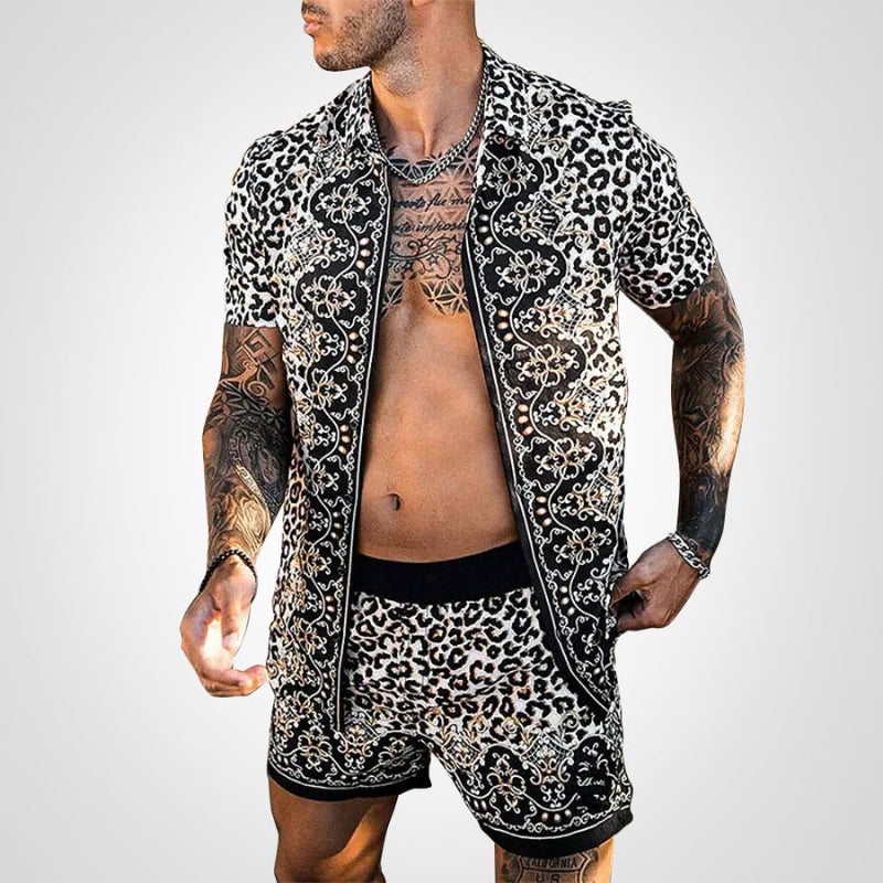 Summer men's apparel: printed button-up shirt and elastic waist shorts