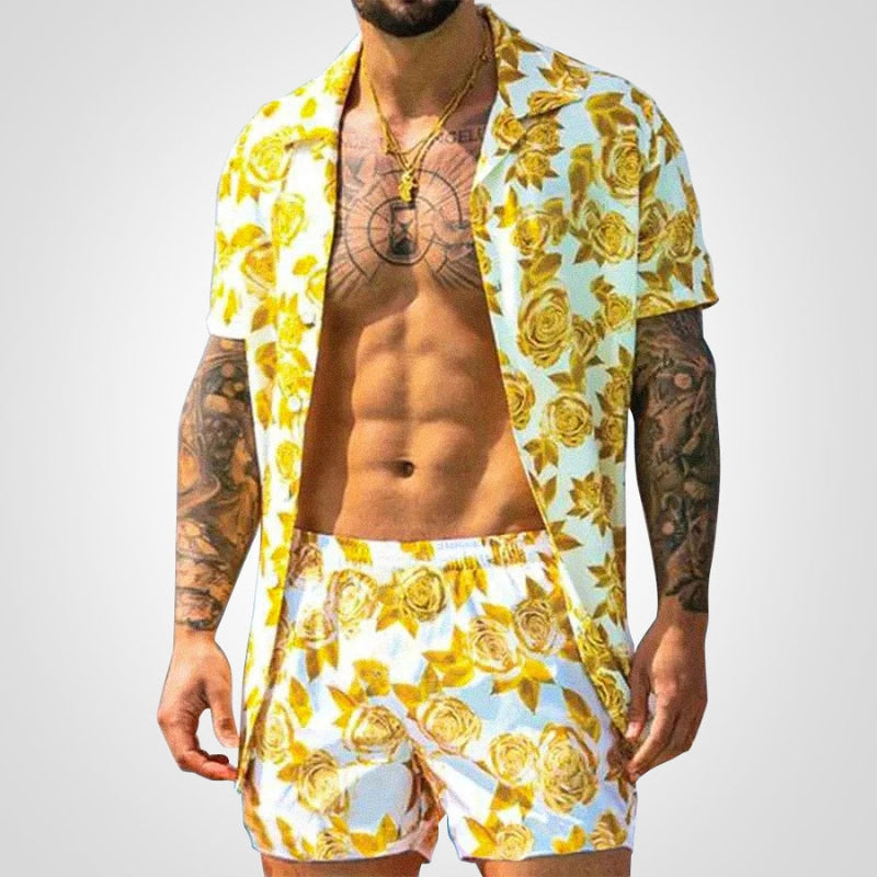 Comfortable men's two-piece outfit, printed short-sleeve top and matching shorts