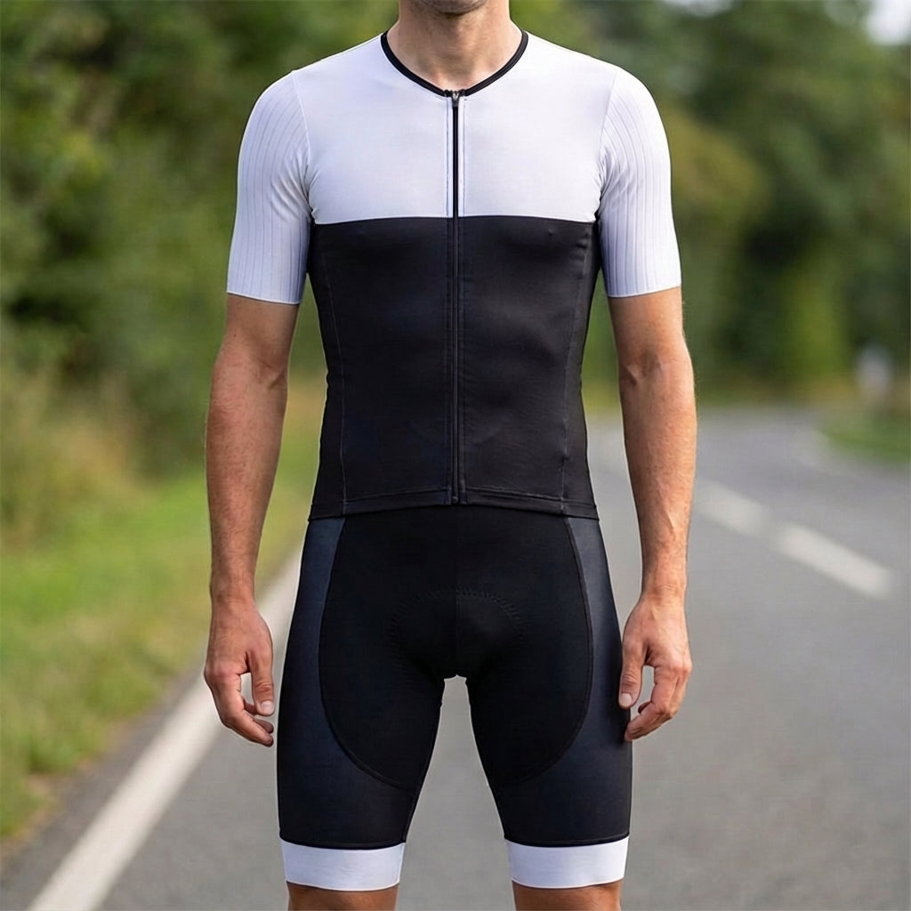 Men's Pro Cycling Jersey and padded shorts set in black and blue, ideal for road cycling.