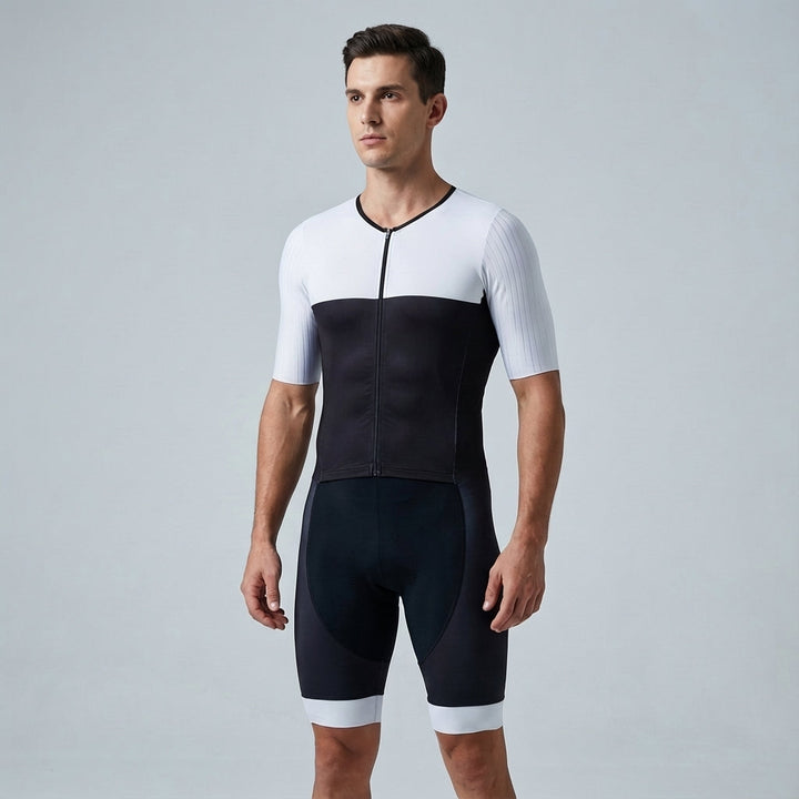 Professional grade men's bike jersey and padded shorts set, active wear for mountain biking.