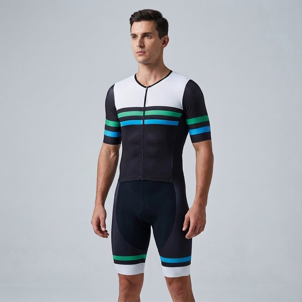 High-performance men's cycling apparel, a breathable jersey and padded shorts for athletic training.
