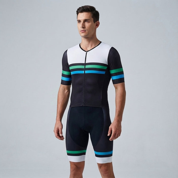 High-performance men's cycling apparel, a breathable jersey and padded shorts for athletic training.