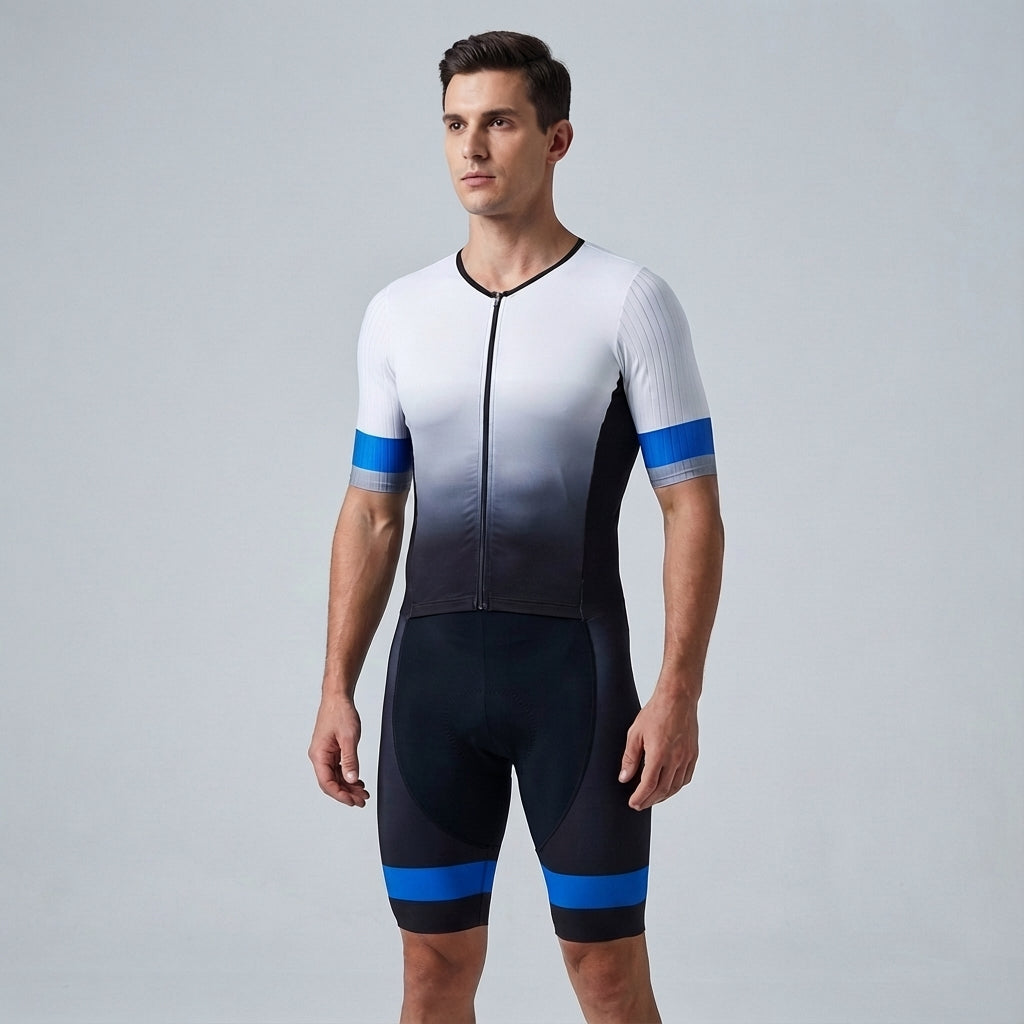 Road cycling men's kit featuring a slim-fit jersey and ergonomic padded shorts, performance gear.