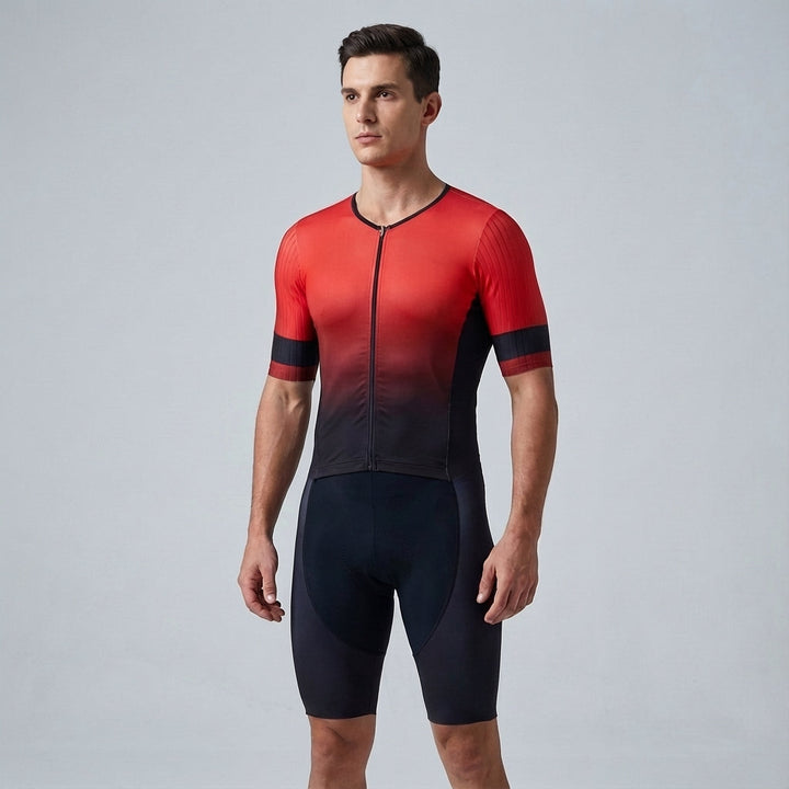Durable men's sportswear: a cycling jersey and padded shorts set, perfect for long rides.