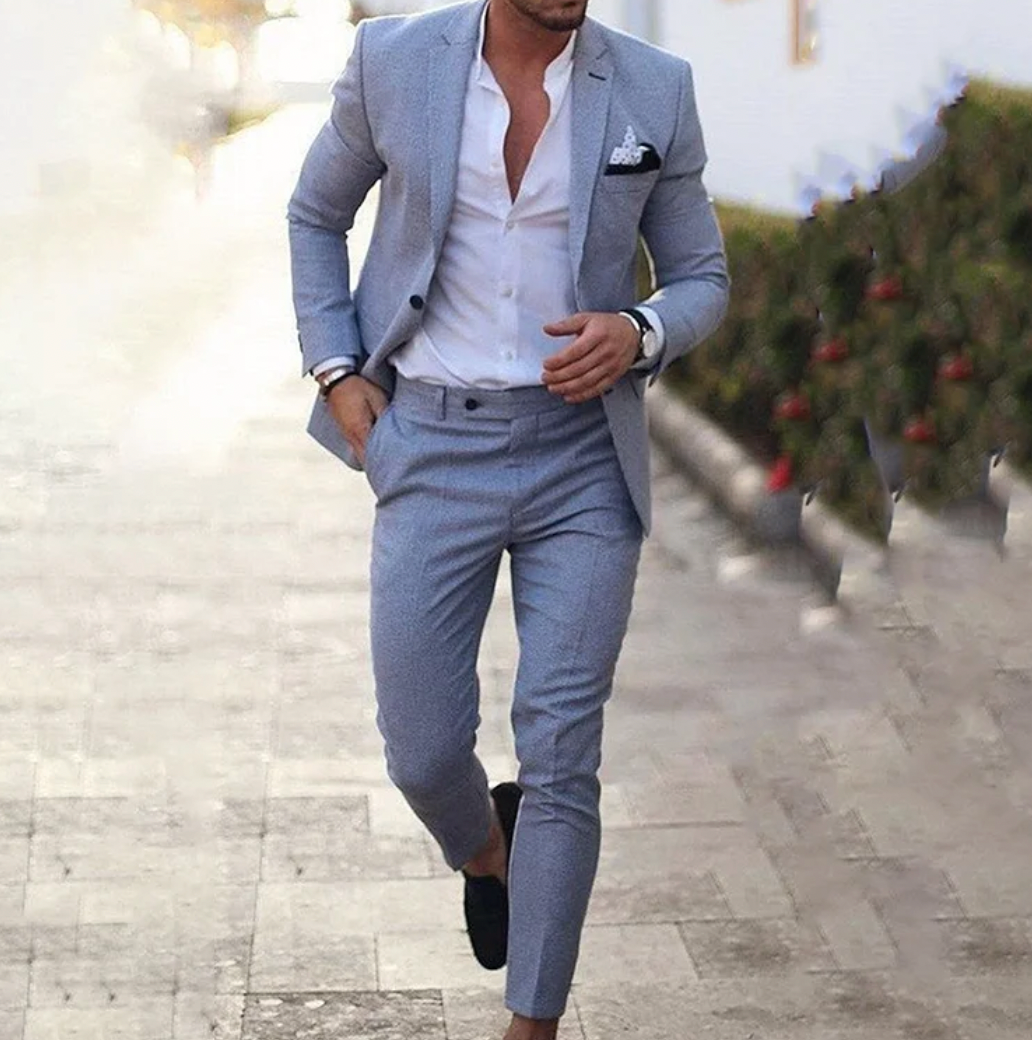 Stylish men's business casual blazer & matching trousers. Perfect for professional office wear.