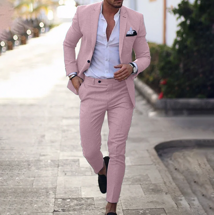 Complete men's business casual suit set, including stylish blazer & trousers for professional looks.