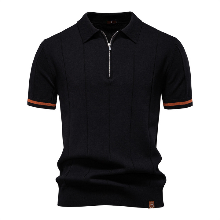 Men's quarter-zip polo shirt, a comfortable cotton blend knit ideal for casual & smart-casual styling.