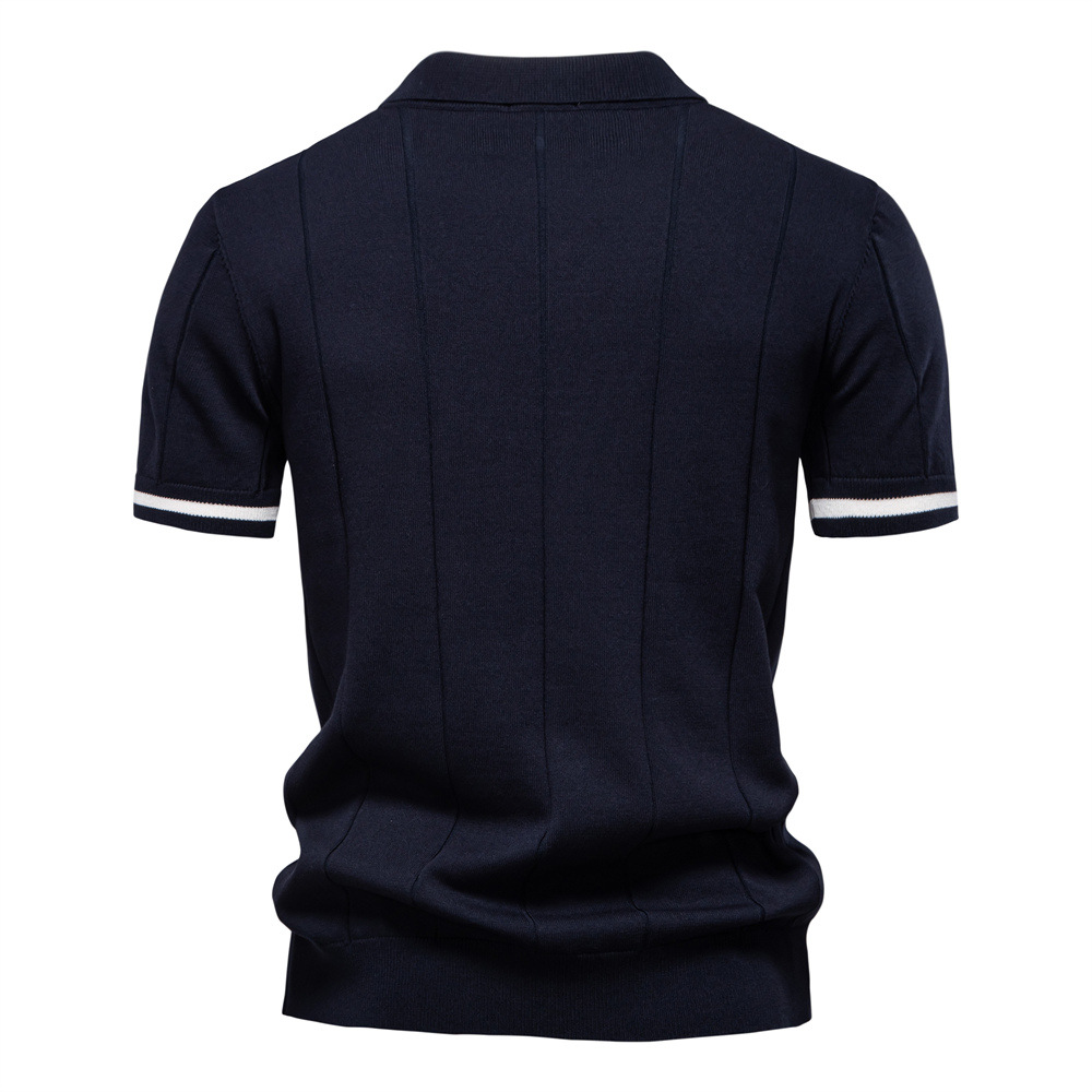 Model wearing men's quarter-zip polo shirt, showcasing its comfortable fit and smart-casual appeal.