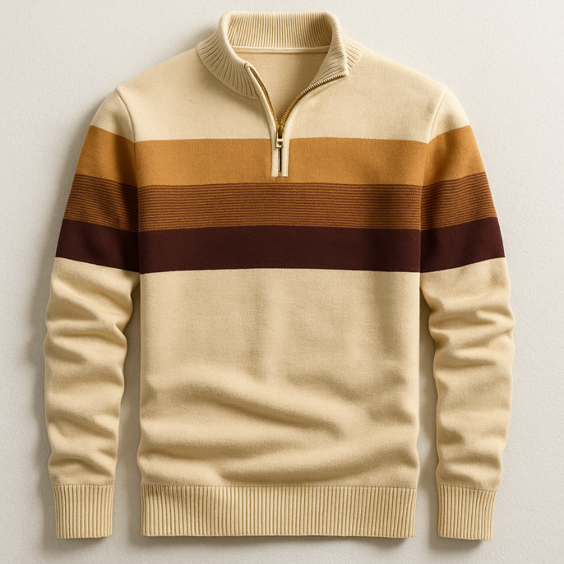 Close-up of the quarter-zip detail on a men's stylish pullover sweater, highlighting quality and tailored fit for comfort.